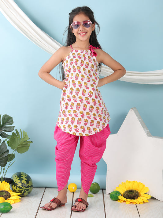 White floral sleeveless tie on Kurti with Pink Dhoti