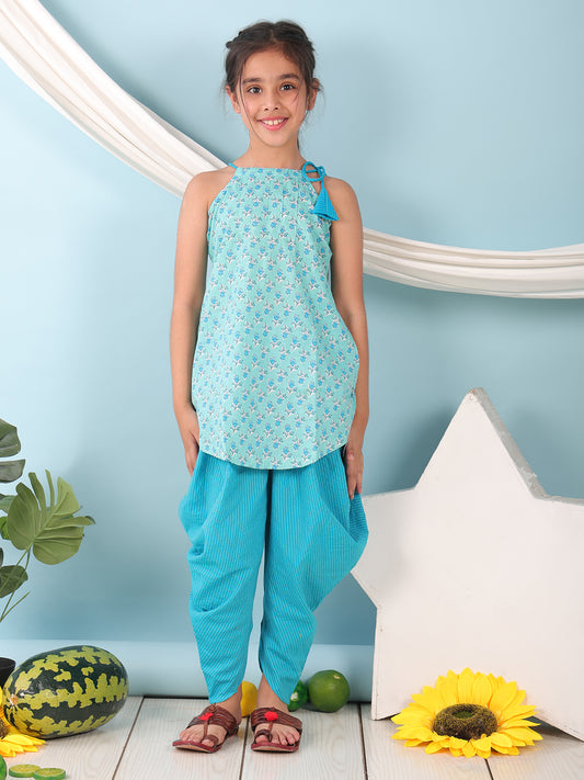 Blue floral sleeveless tie on Kurti with Blue Dhoti
