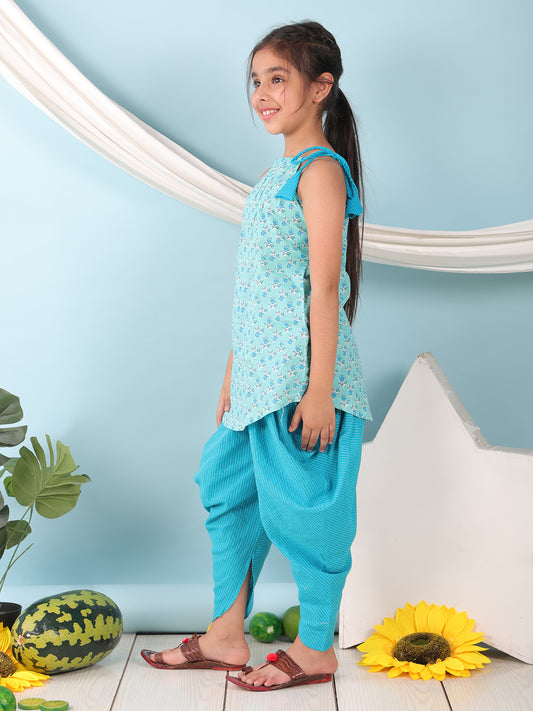 Blue floral sleeveless tie on Kurti with Blue Dhoti
