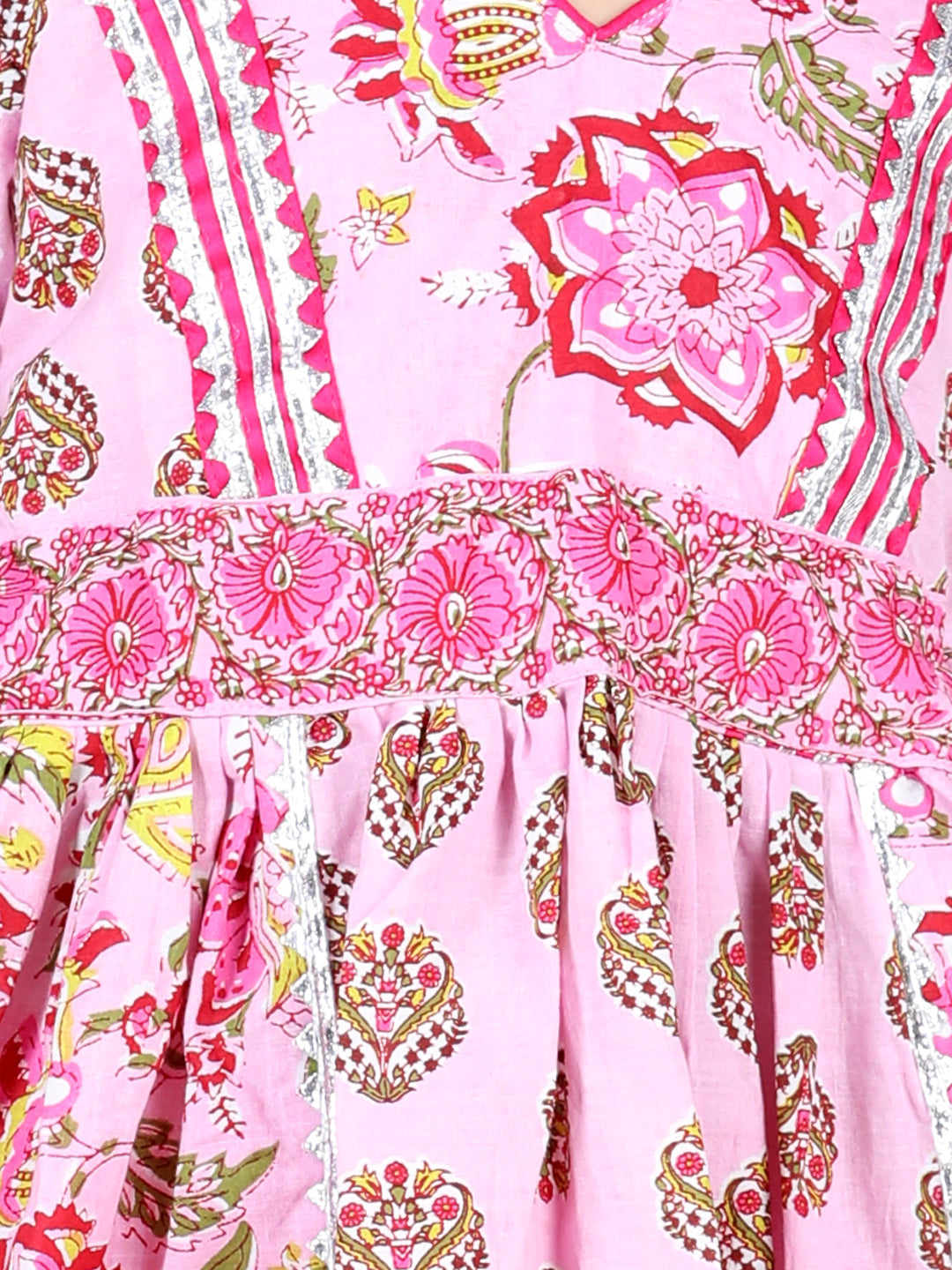 Pink flower printed lace detailed kurta with Pink Leggings
