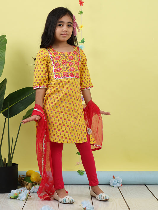 Yellow 3/4 sleeves printed cotton kurti paired with Pink leggings with Dupatta