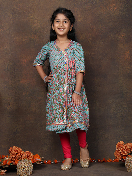 Blue 3/4 sleeves printed cotton Angrakha Kurti paired with Peach Plazo pant and dupatta