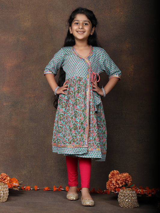 Blue 3/4 sleeves printed cotton Angrakha Kurti paired with Pink Leggings