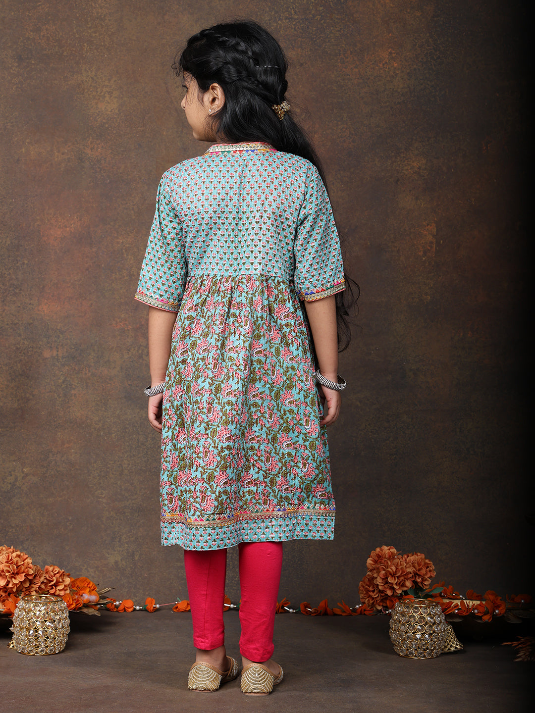 Blue 3/4 sleeves printed cotton Angrakha Kurti paired with Pink Leggings
