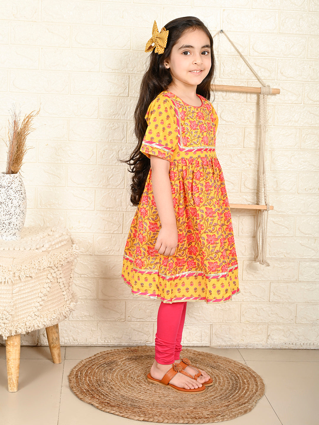 Yellow & Pink Kurti Legging Set