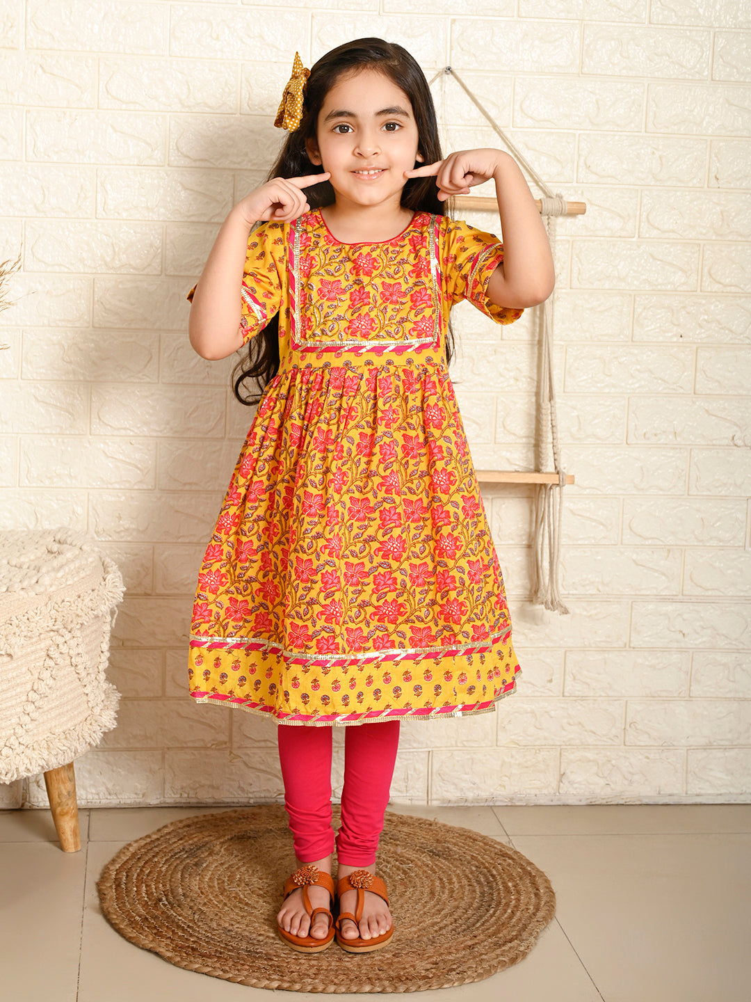 Yellow & Pink Kurti Legging Set