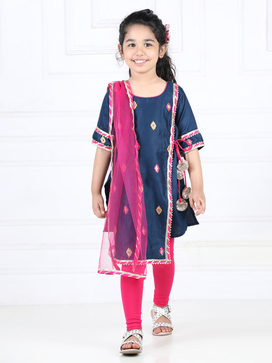 Blue embroidered gota patti detailed kurta with pink leggings and dupatta