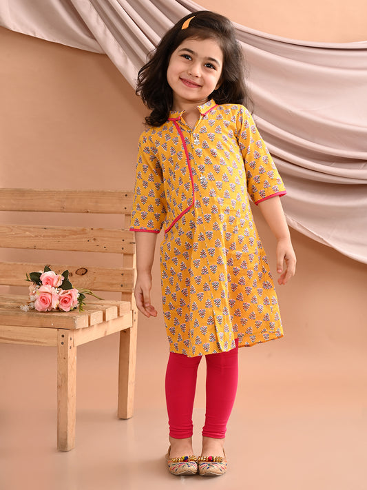 Yellow floral printed kurti with pink leggings