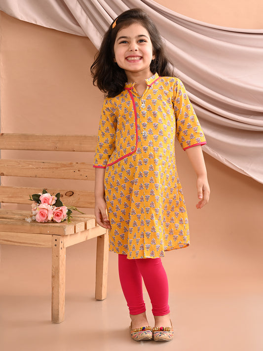 Yellow floral printed kurti with pink leggings