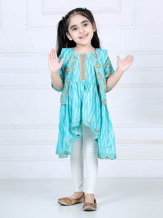 Blue printed high low pattern kurta with jacket and white leggings