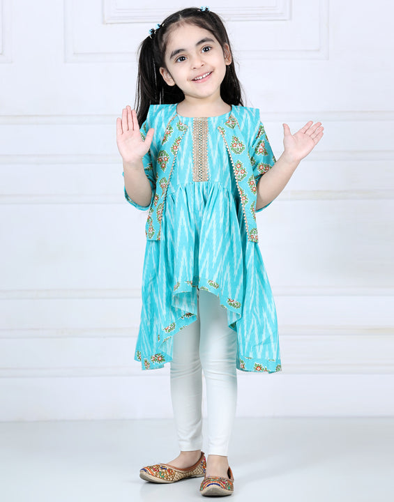 Blue printed high low pattern kurta with jacket and white leggings