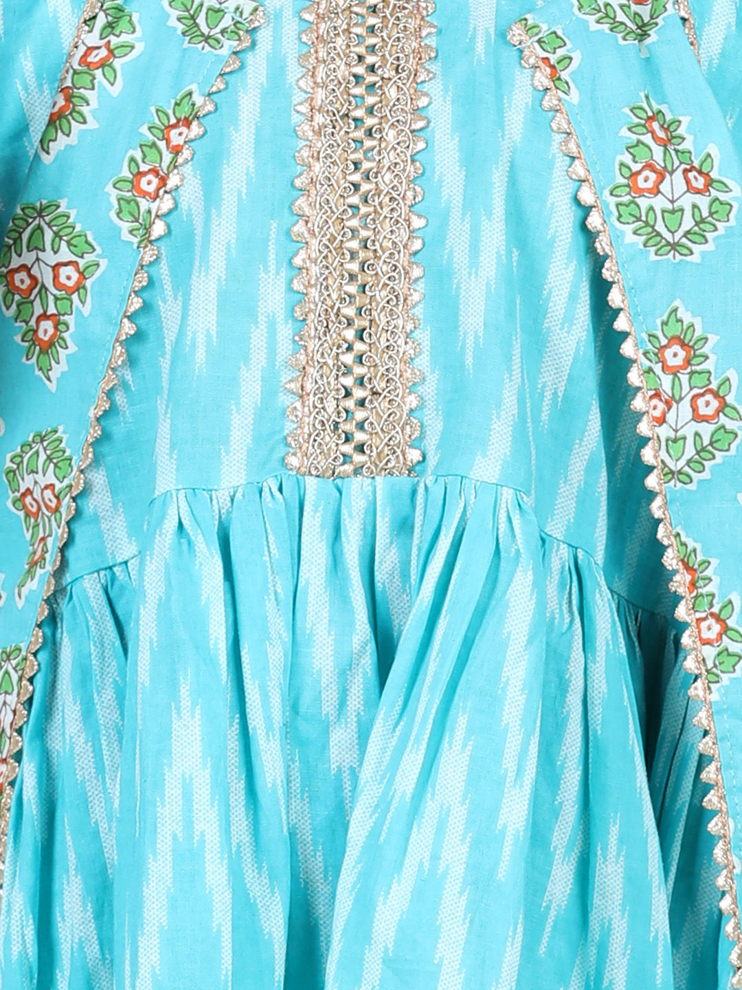Blue printed high low pattern kurta with jacket and white leggings