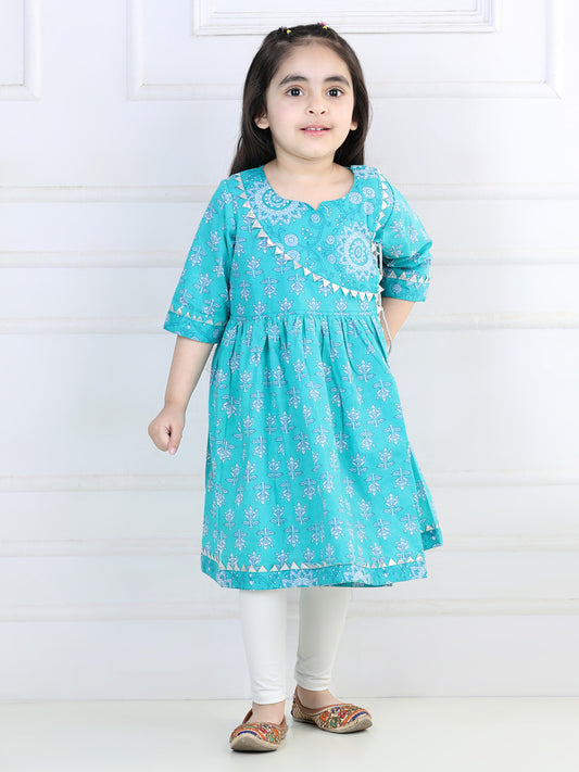 Blue printed angrakha style kurti with white leggings