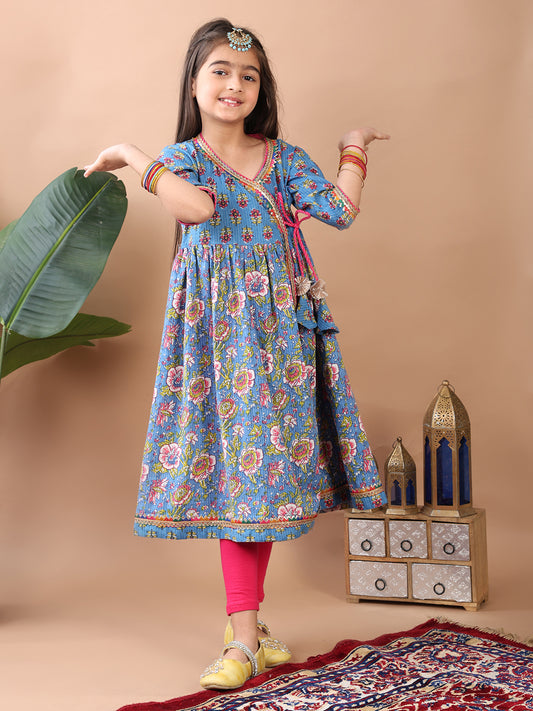 Blue Printed Angrakha Kurti Paired With Leggings