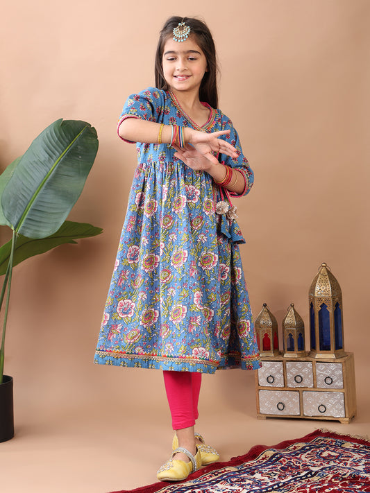 Blue Printed Angrakha Kurti Paired With Leggings