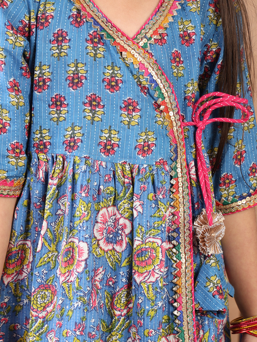 Blue Printed Angrakha Kurti Paired With Leggings