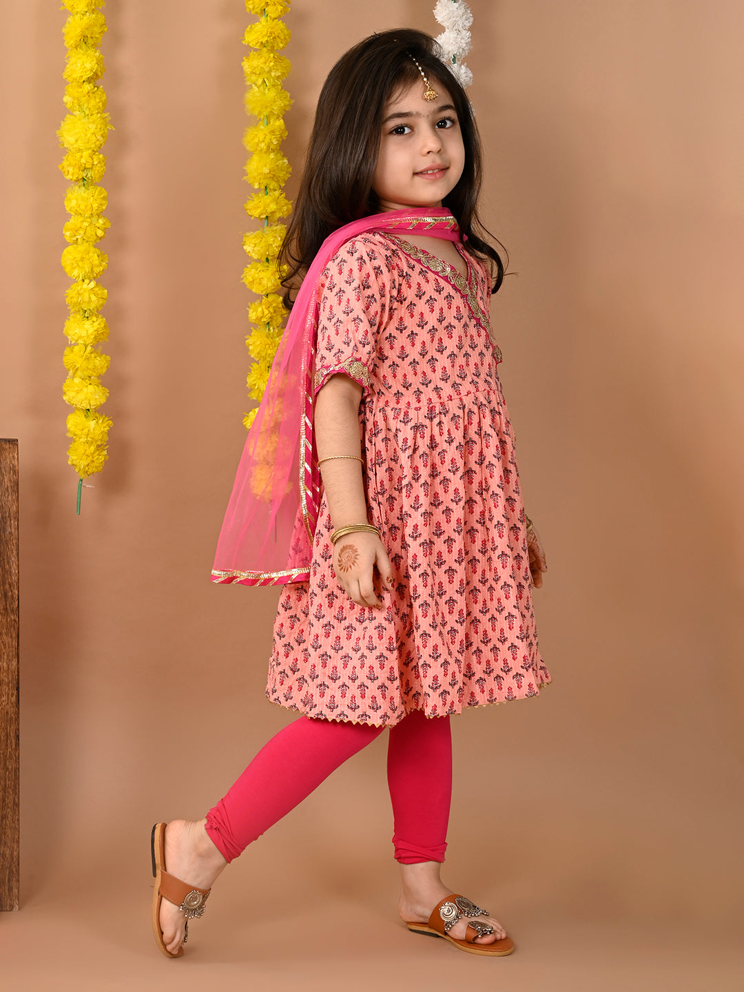 Pink cotton kurti with Pink leggings and dupatta