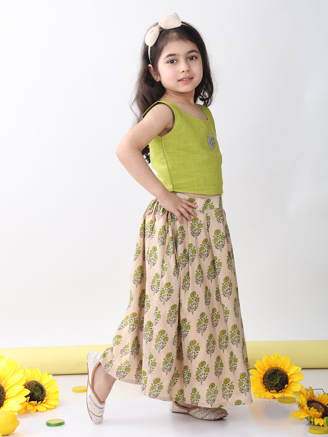 Green Floral printed Lehenga with green plain top and hanging