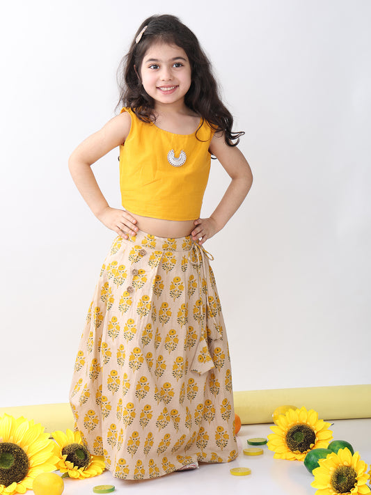 Yellow Floral printed Lehenga with yellow plain top and hanging