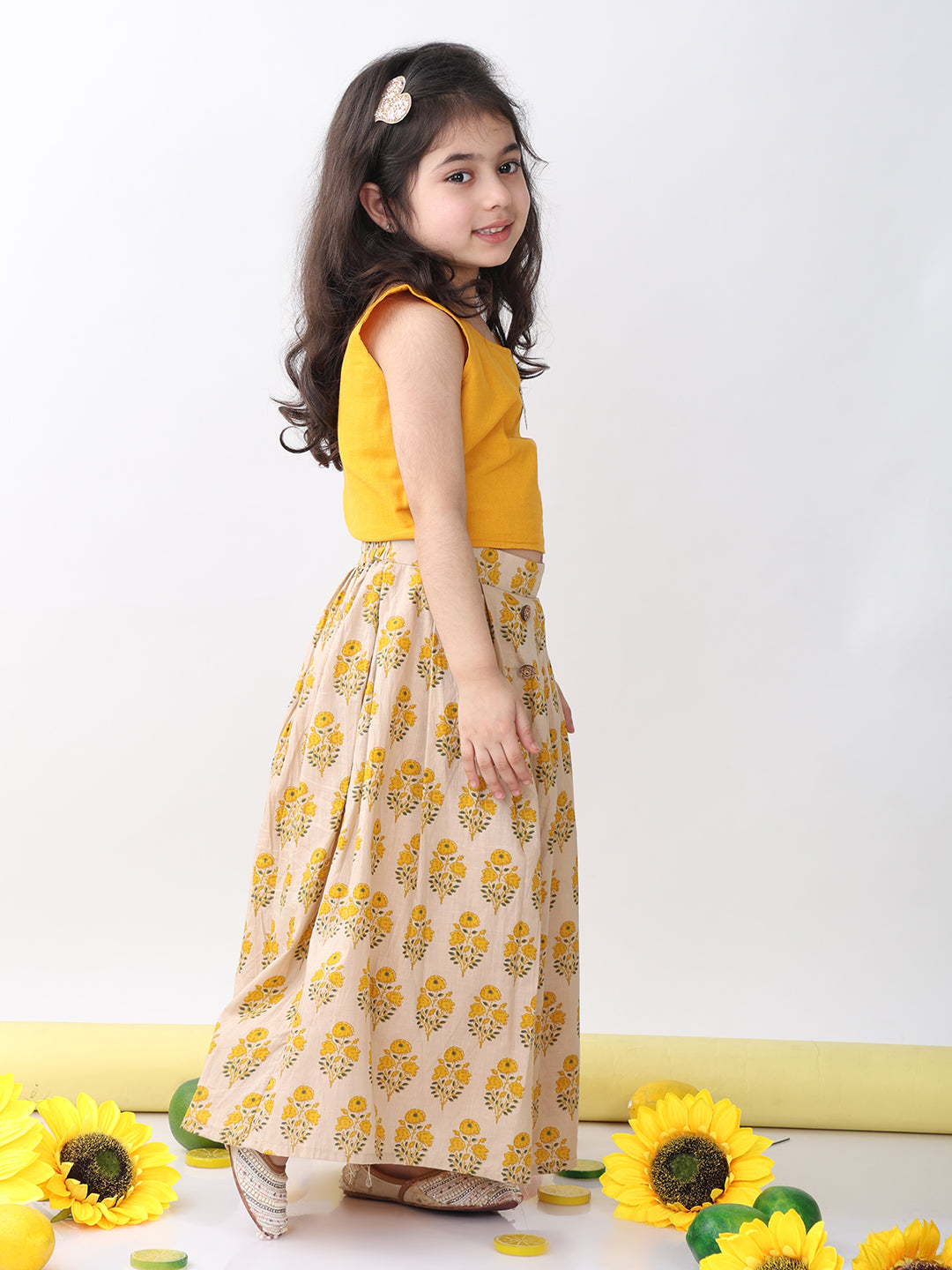 Yellow Floral printed Lehenga with yellow plain top and hanging
