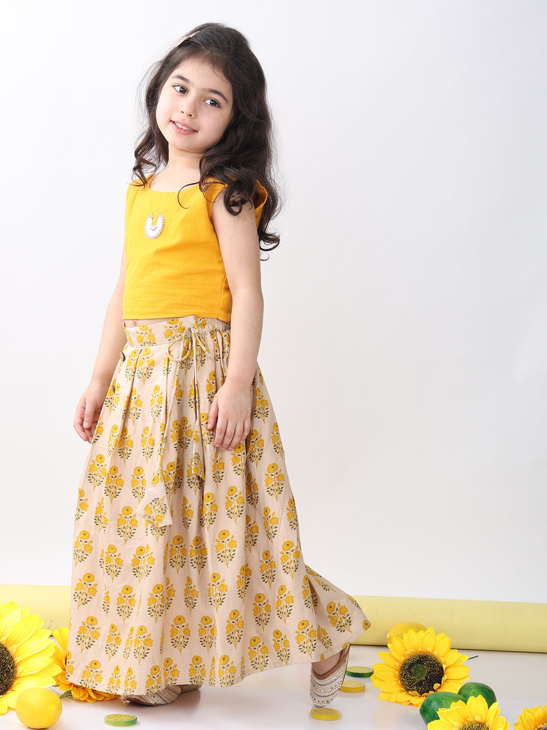 Yellow Floral printed Lehenga with yellow plain top and hanging