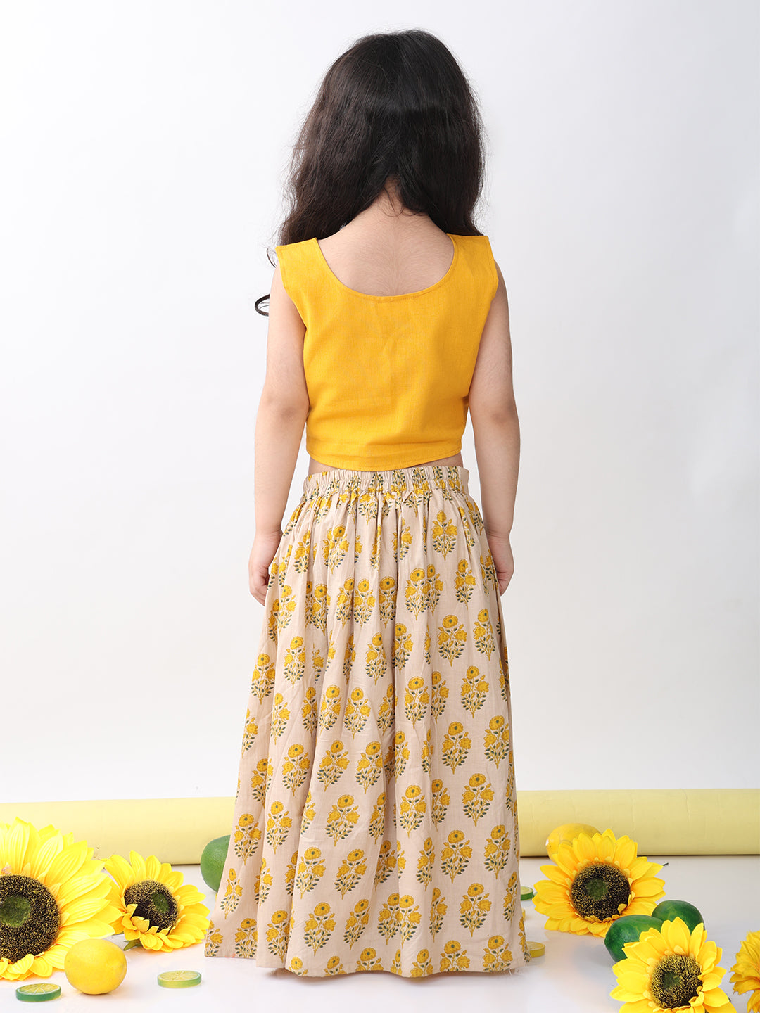 Yellow Floral printed Lehenga with yellow plain top and hanging