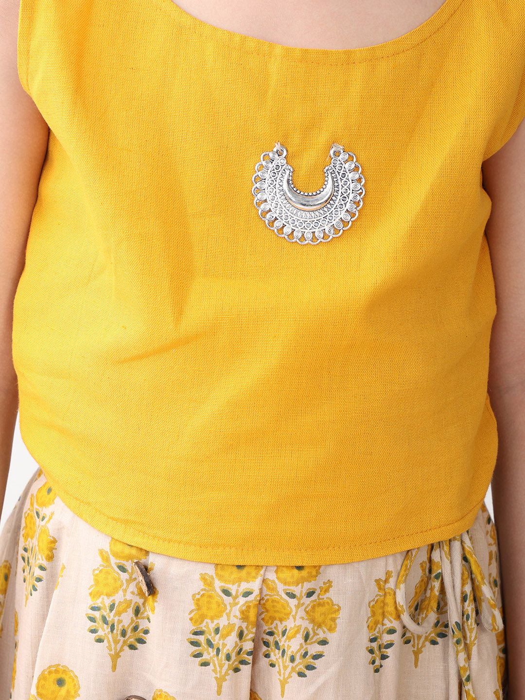 Yellow Floral printed Lehenga with yellow plain top and hanging