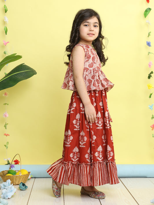 Red sleeveless floral printed lehenga set