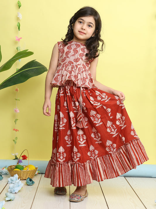 Red sleeveless floral printed lehenga set