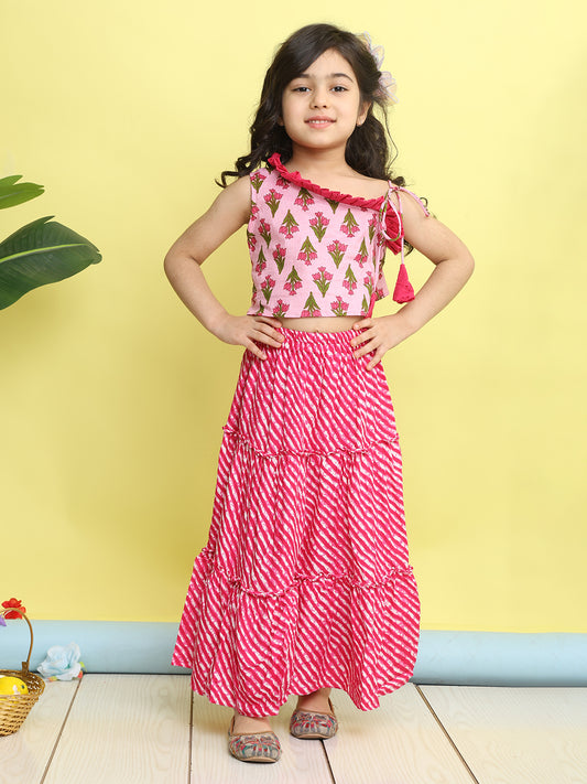 Pink sleeveless floral printed top with Pink Lehriya Skirt