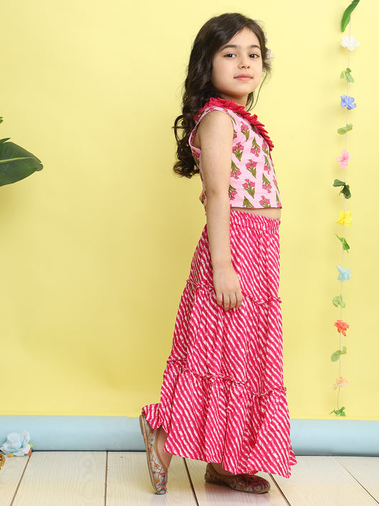 Pink sleeveless floral printed top with Pink Lehriya Skirt