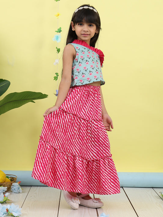 Green sleeveless floral printed top with Pink Lehriya Skirt