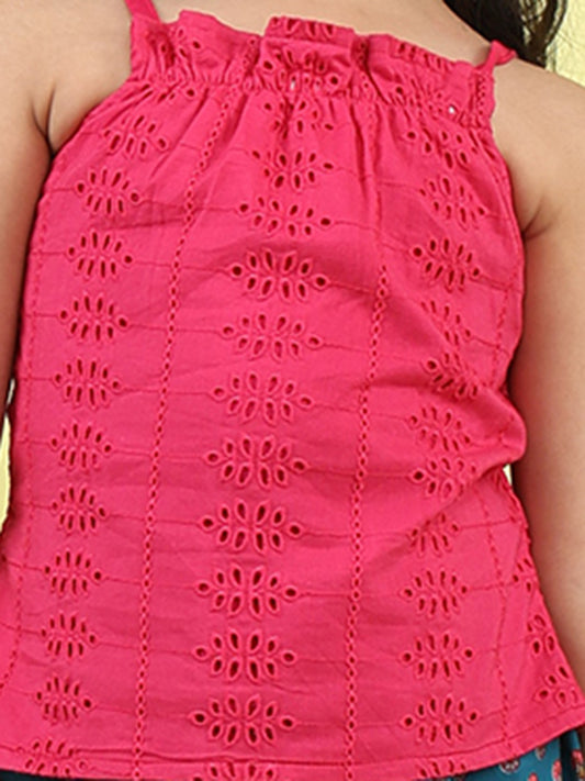 Pink sleeveless tie on hakoba top with blue floral printed Skirt