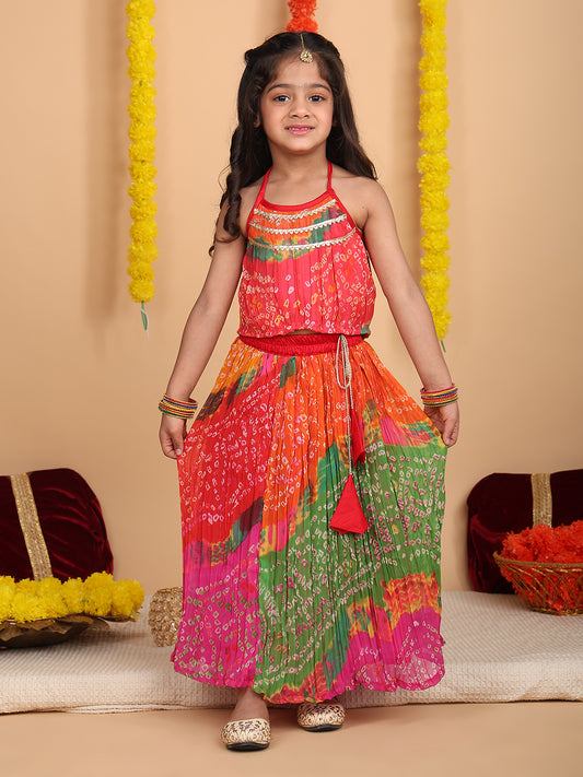 Multi Color bandez printed sleeveless lehenga set