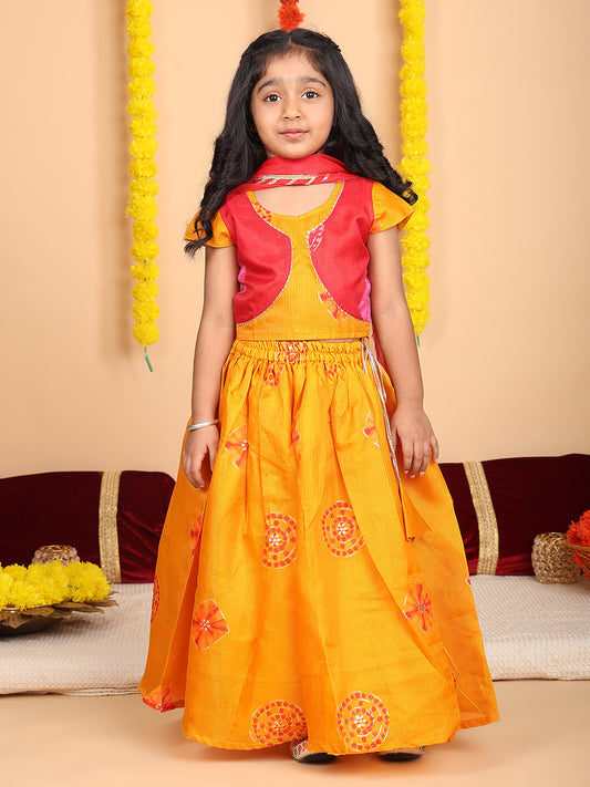 Yellow Short Sleeves Kota Printed lehenga with dupatta