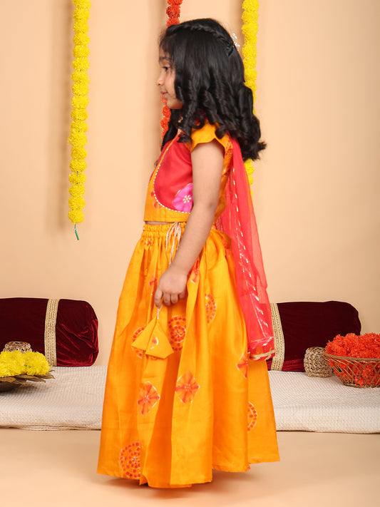 Yellow Short Sleeves Kota Printed lehenga with dupatta