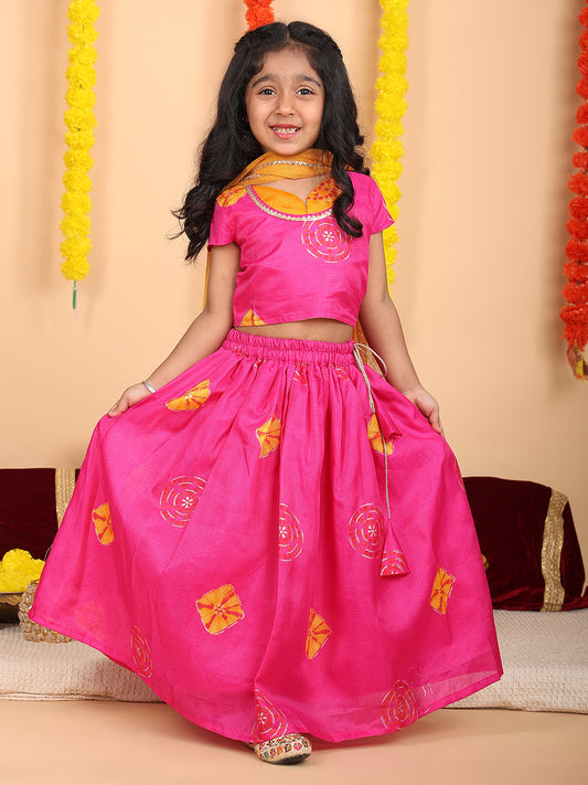 Pink Short Sleeves Kota Printed lehenga with dupatta