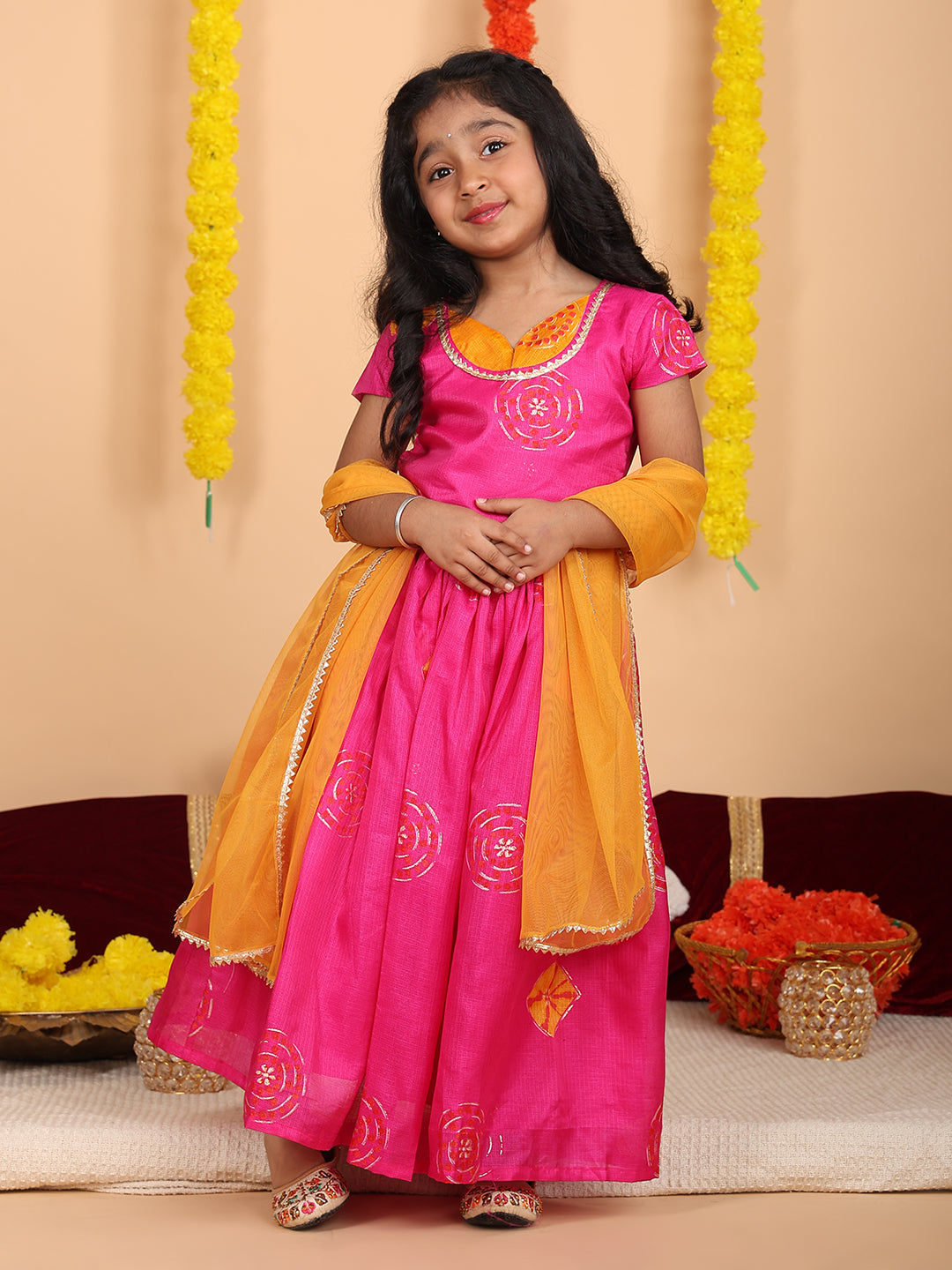 Pink Short Sleeves Kota Printed lehenga with dupatta