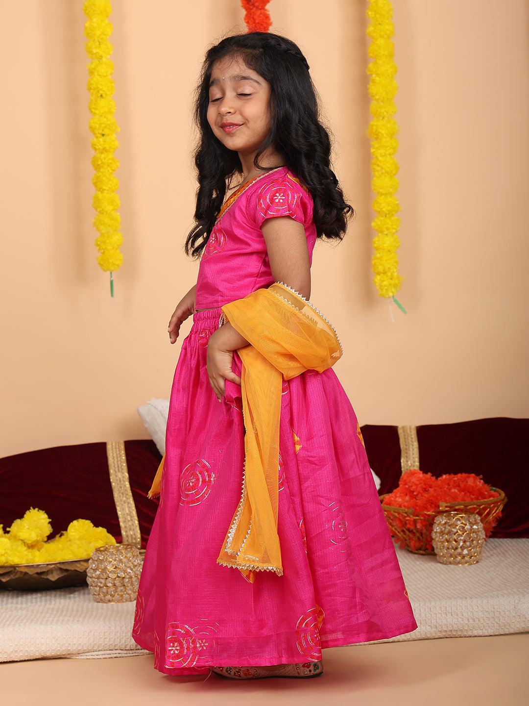 Pink Short Sleeves Kota Printed lehenga with dupatta