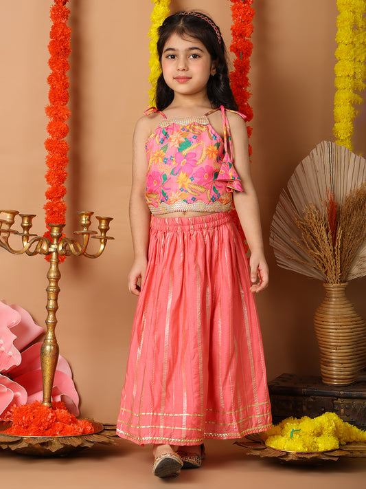 Pink Printed sleeveless top with pink golden lehenga