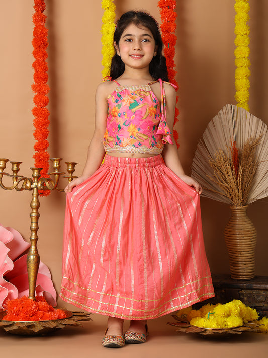 Pink Printed sleeveless top with pink golden lehenga