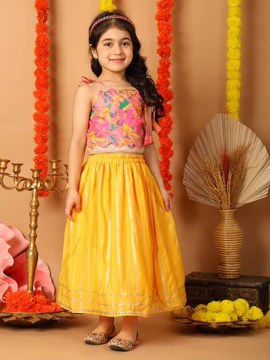 Pink Printed sleeveless top with Yellow golden lehenga
