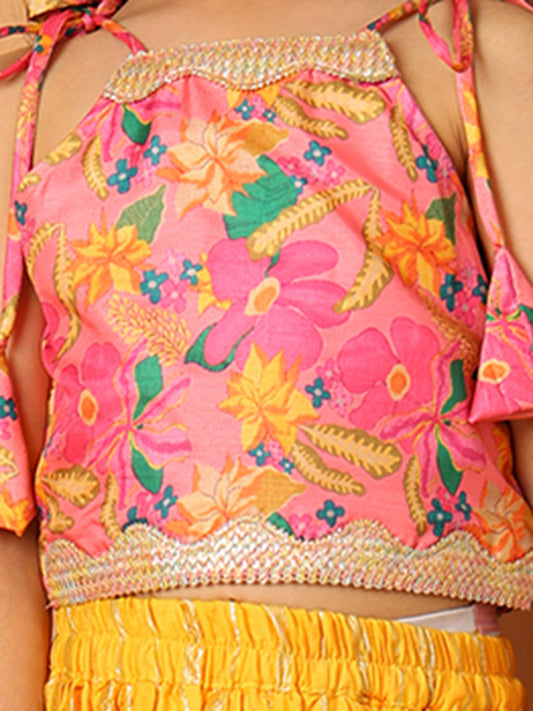 Pink Printed sleeveless top with Yellow golden lehenga
