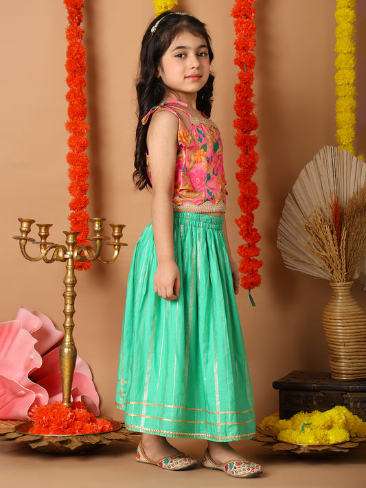 Pink Printed sleeveless top with Green golden lehenga