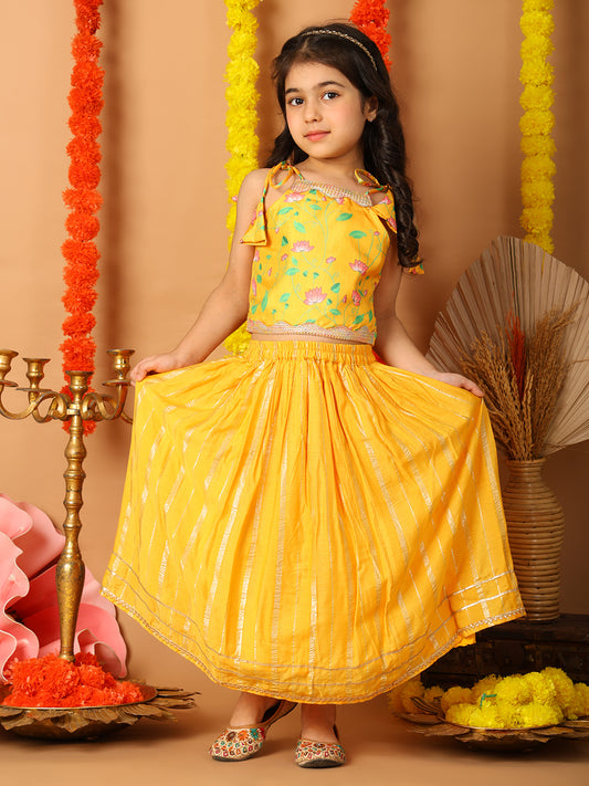 Yellow Printed sleeveless top with Yellow golden lehenga