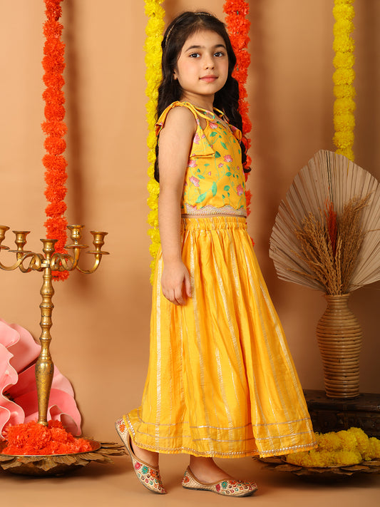 Yellow Printed sleeveless top with Yellow golden lehenga
