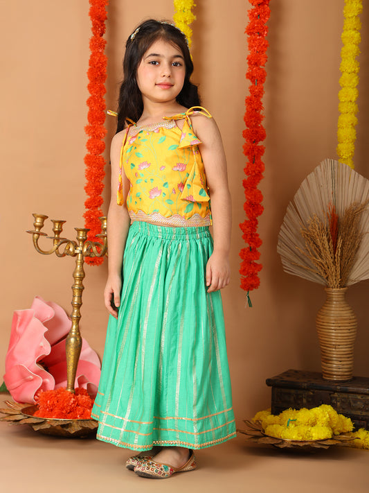 Yellow Printed sleeveless top with Green golden lehenga