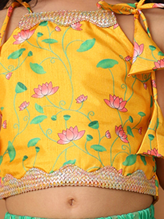 Yellow Printed sleeveless top with Green golden lehenga