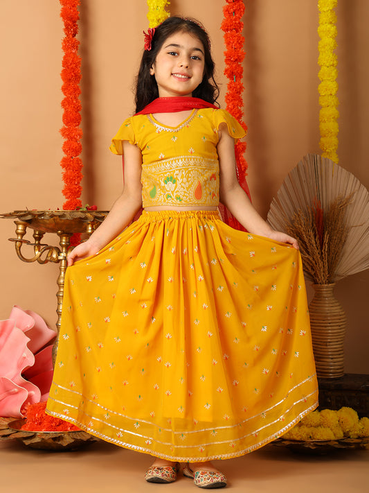 Yellow Short Sleeves Printed lehenga with dupatta