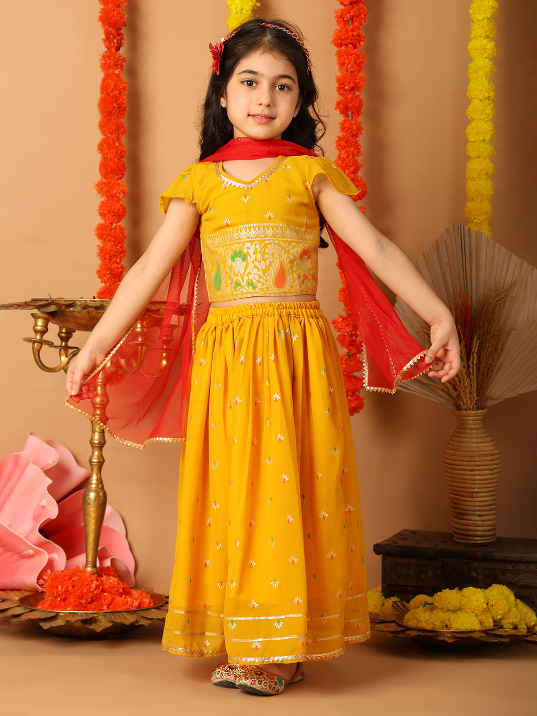 Yellow Short Sleeves Printed lehenga with dupatta